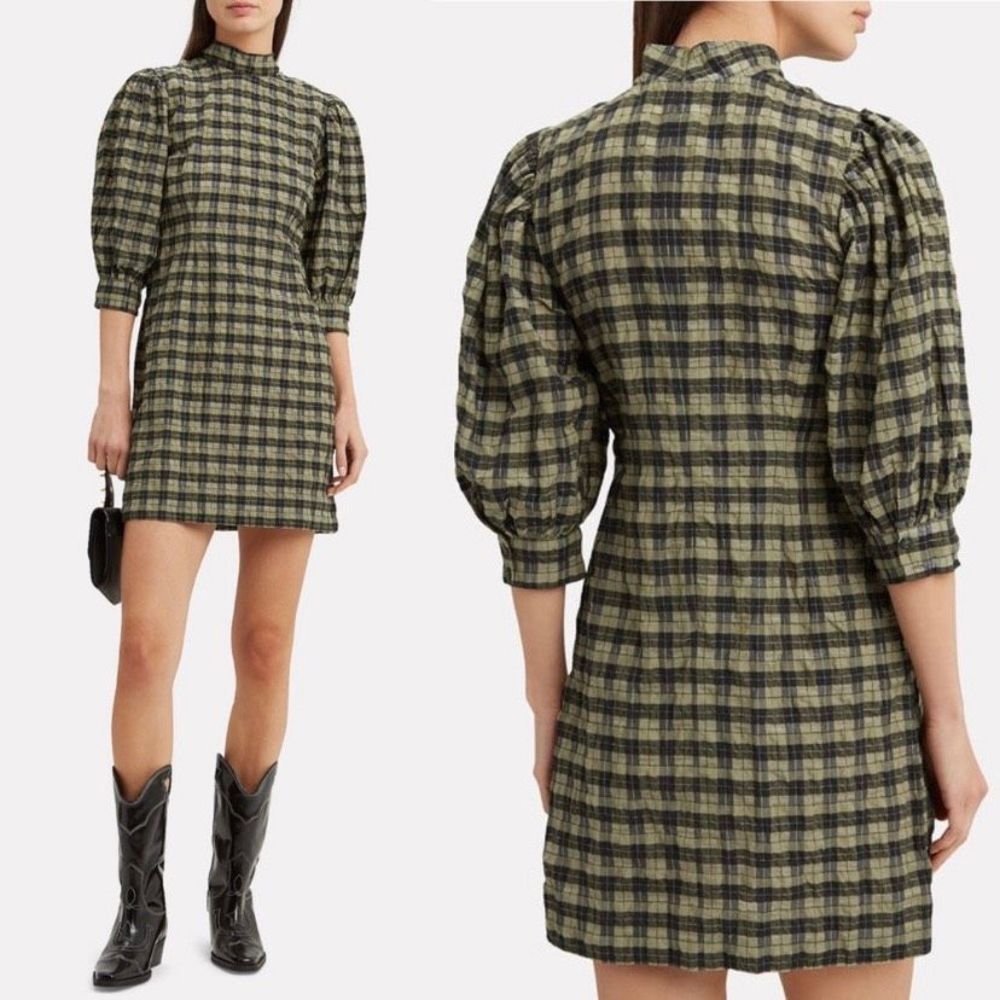 GANNI Dress Seersucker Gingham Mini Dress Green Size 34 - Picture 7 of 11